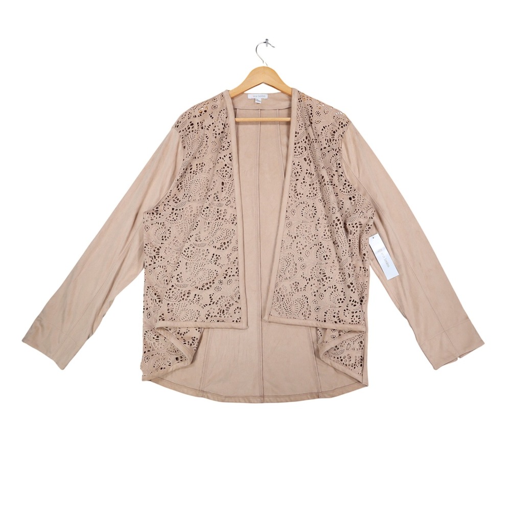 Erin London Open Front Jacket Womens Large Tan Faux Suede Laser Cut Eyelet NEW